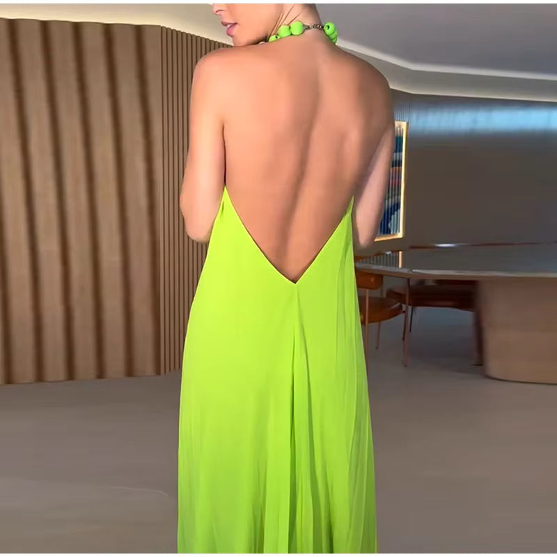 Elegant Beaded Halter Backless Sleeveless Pleated Long Maxi Dress