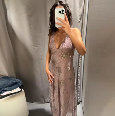 Elegant Beaded Sequin Backless Sleeveless Evening Gown