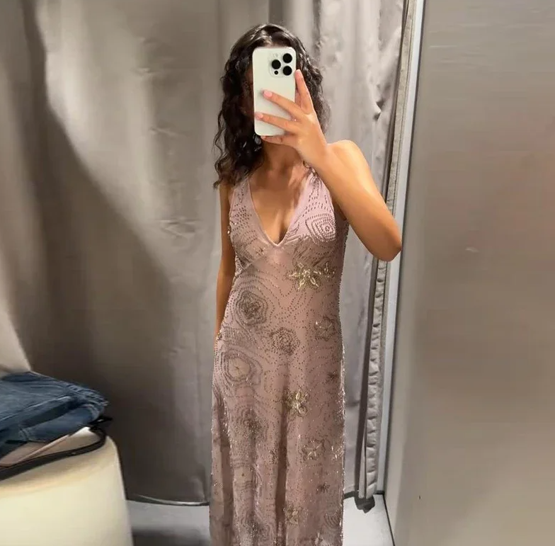 Elegant Beaded Sequin Backless Sleeveless Evening Gown
