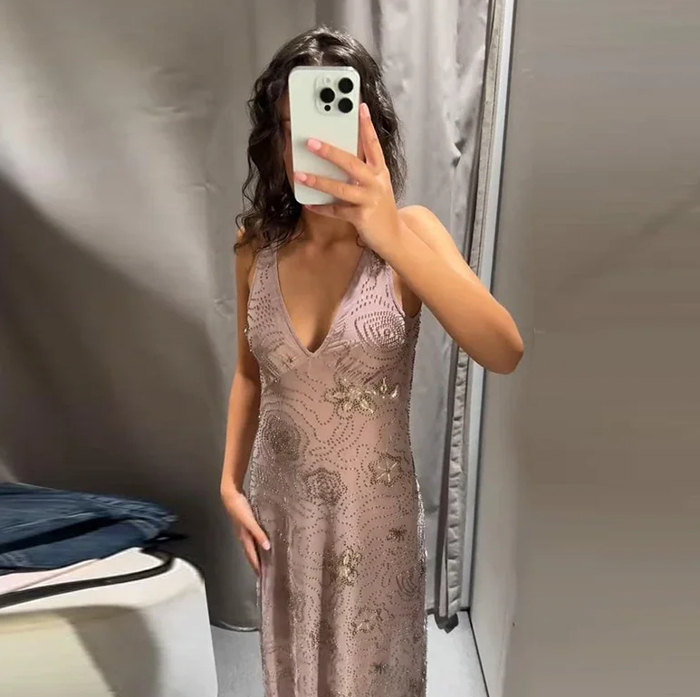 Elegant Beaded Sequin Backless Sleeveless Evening Gown