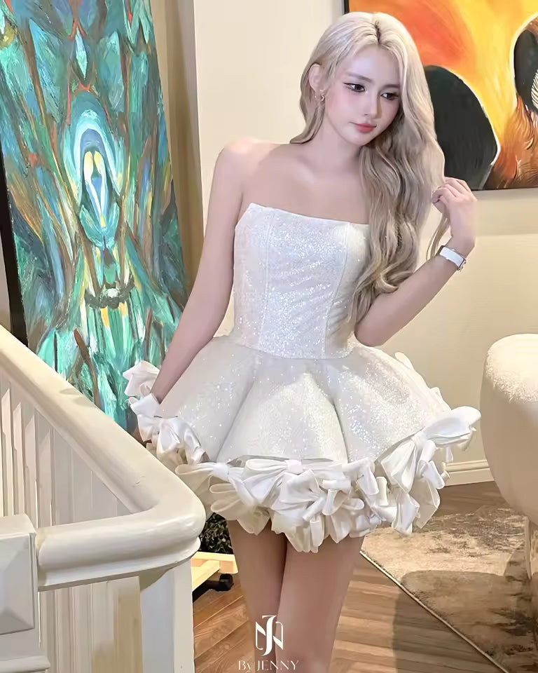 Elegant Beading Crystal Strapless Puffy Birthday Party Mini Dress