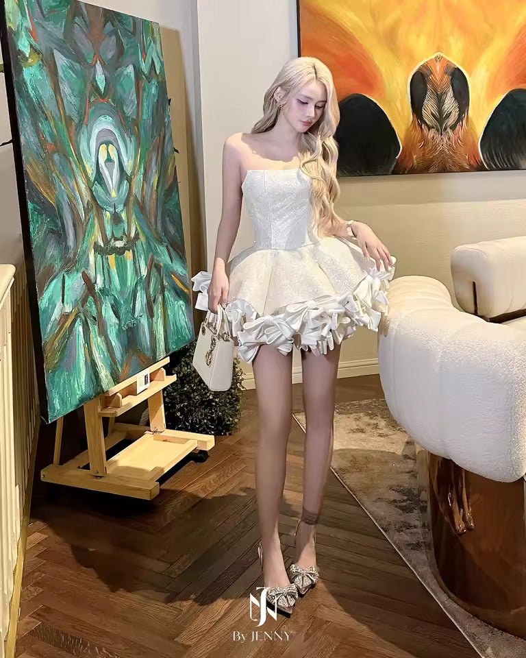 Elegant Beading Crystal Strapless Puffy Birthday Party Mini Dress