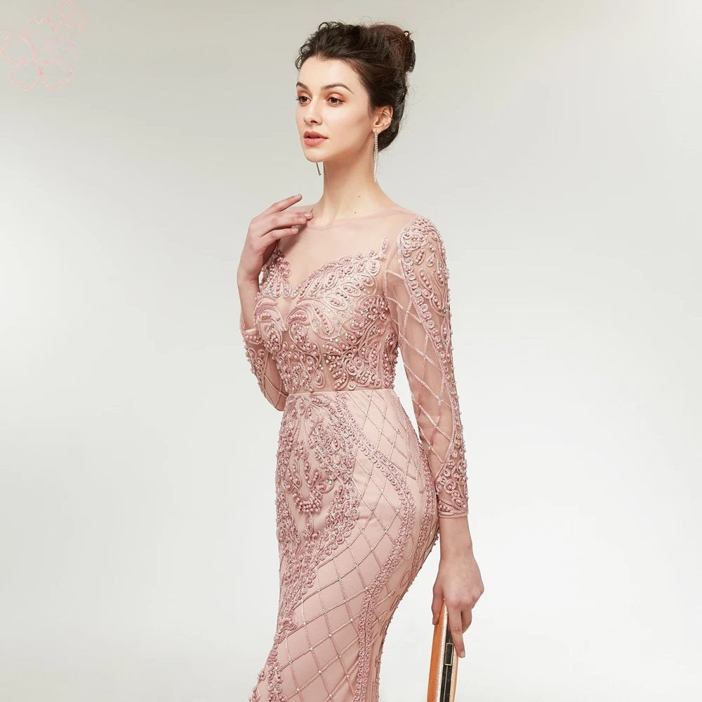 Elegant Beading Pearls Long Sleeves Mermaid Evening Prom Party Dress