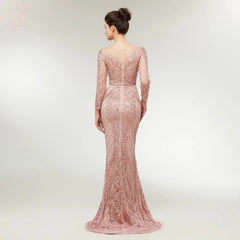 Elegant Beading Pearls Long Sleeves Mermaid Evening Prom Party Dress