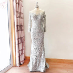 Elegant Beading Pearls Long Sleeves Mermaid Evening Prom Party Dress