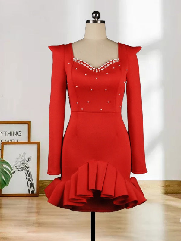 Elegant Beading Ruffled Long Sleeve Party Dress