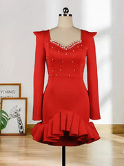Elegant Beading Ruffled Long Sleeve Party Dress