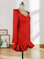 Elegant Beading Ruffled Long Sleeve Party Dress