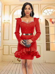 Elegant Beading Ruffled Long Sleeve Party Dress