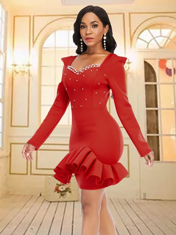Elegant Beading Ruffled Long Sleeve Party Dress