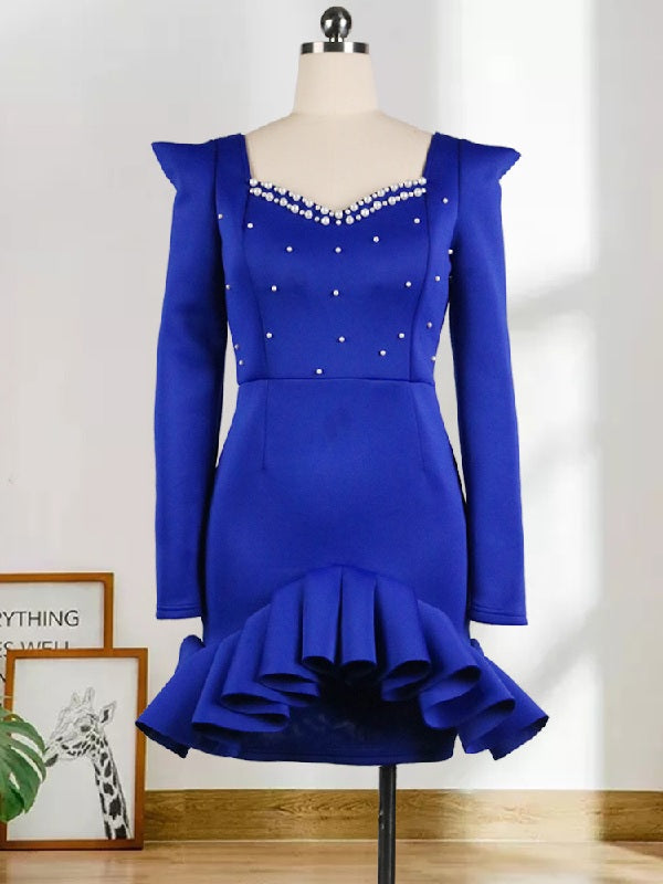Elegant Beading Ruffled Long Sleeve Party Dress