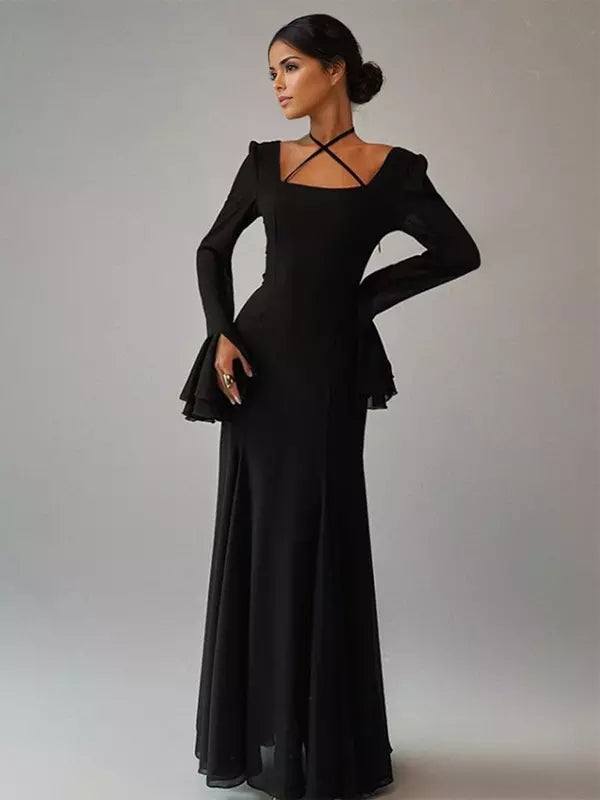 Elegant Bell Sleeve A-line Square Neck Long Maxi Dress