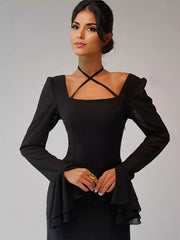Elegant Bell Sleeve A-line Square Neck Long Maxi Dress