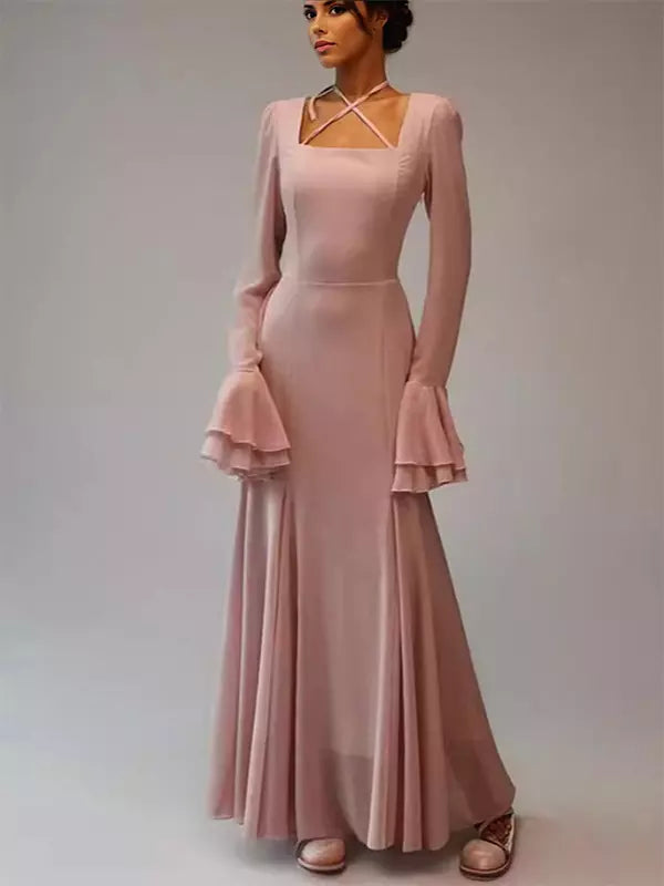 Elegant Bell Sleeve A-line Square Neck Long Maxi Dress