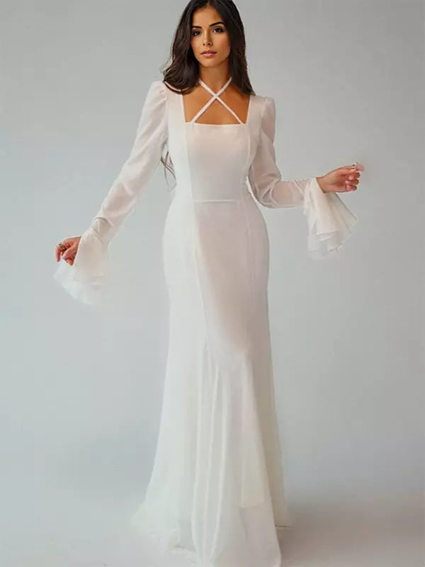 Elegant Bell Sleeve A-line Square Neck Long Maxi Dress
