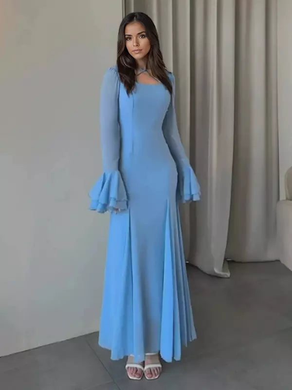 Elegant Bell Sleeve A-line Square Neck Long Maxi Dress