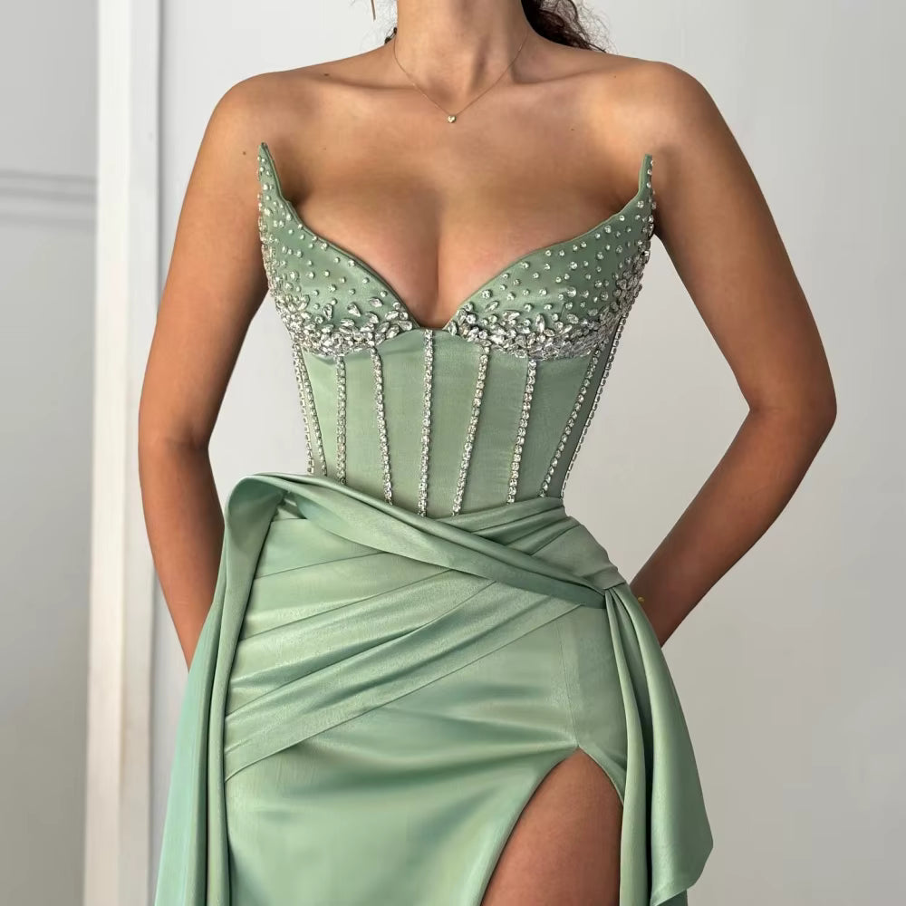 Elegant Bella Customized Glitter Side Slit robes de soirée Strapless Sleeveless Trailing Party Maxi Dresses