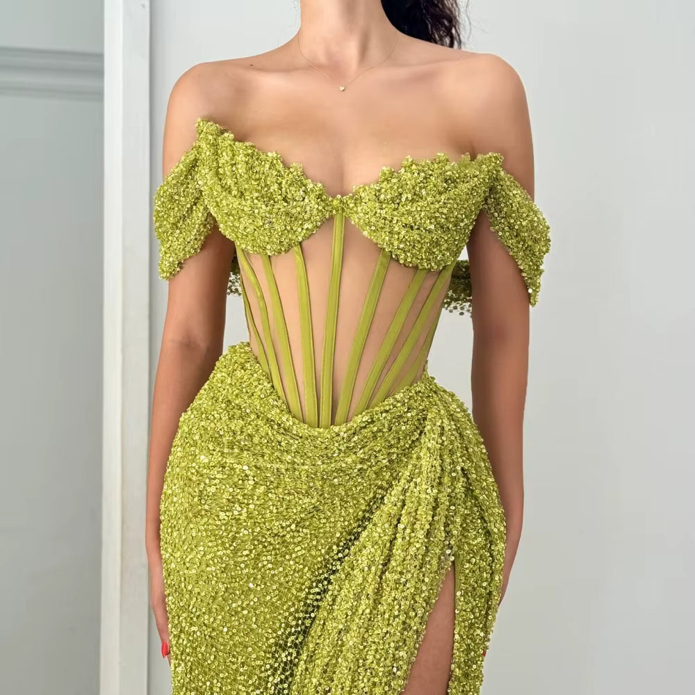 Elegant Bella Customized Green Sequins One Shoulder Strapless Lace Party Maxi Dresses
