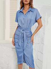 Elegant Belted Waist And Batwing Sleeves Midi Shirt Dress