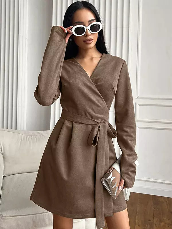 Elegant Belted Wrap V-neck Long Sleeve Casual Mini Skater Dress