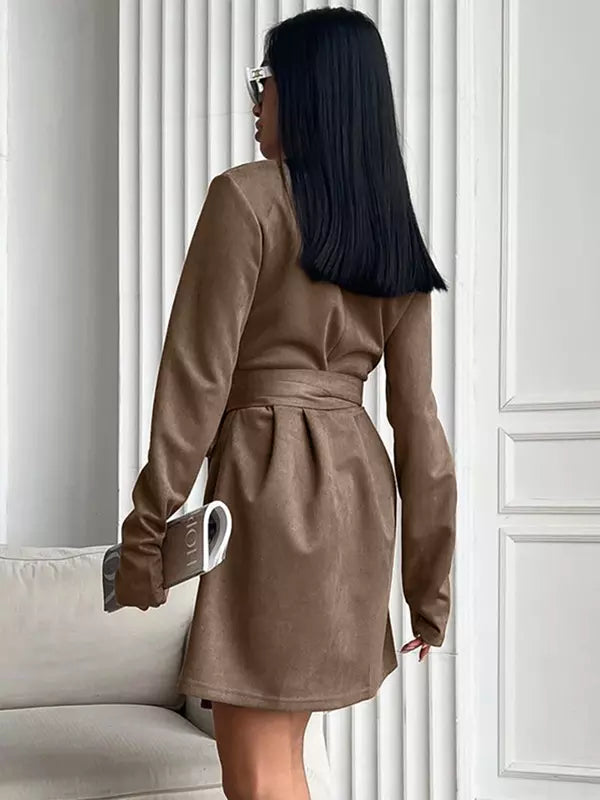 Elegant Belted Wrap V-neck Long Sleeve Casual Mini Skater Dress