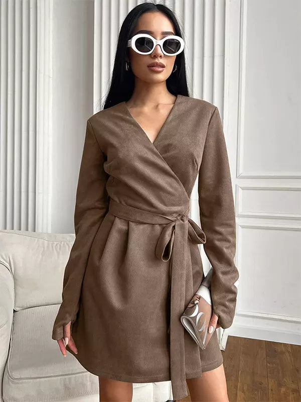 Elegant Belted Wrap V-neck Long Sleeve Casual Mini Skater Dress