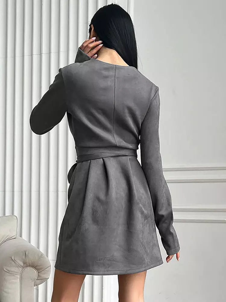 Elegant Belted Wrap V-neck Long Sleeve Casual Mini Skater Dress