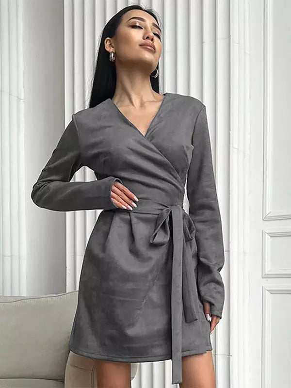 Elegant Belted Wrap V-neck Long Sleeve Casual Mini Skater Dress