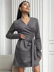 Elegant Belted Wrap V-neck Long Sleeve Casual Mini Skater Dress