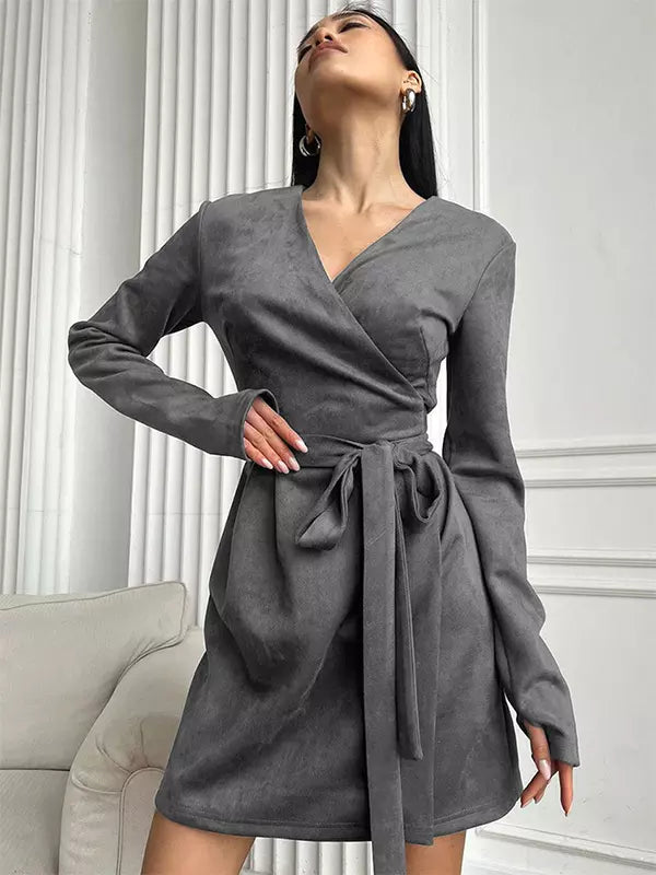 Elegant Belted Wrap V-neck Long Sleeve Casual Mini Skater Dress