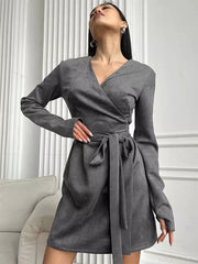 Elegant Belted Wrap V-neck Long Sleeve Casual Mini Skater Dress