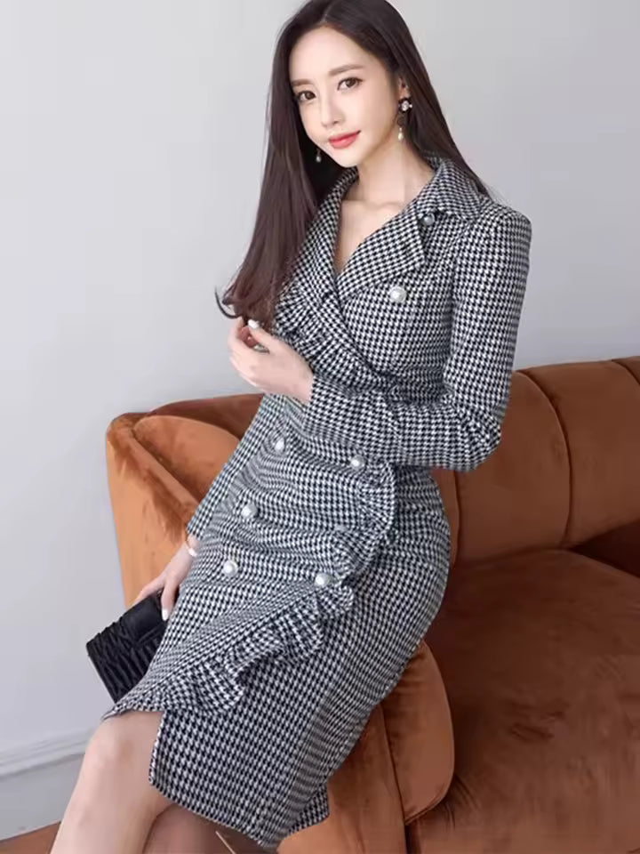 Elegant Bird Lattice Ruffle Double Breasted Knee-length Dress