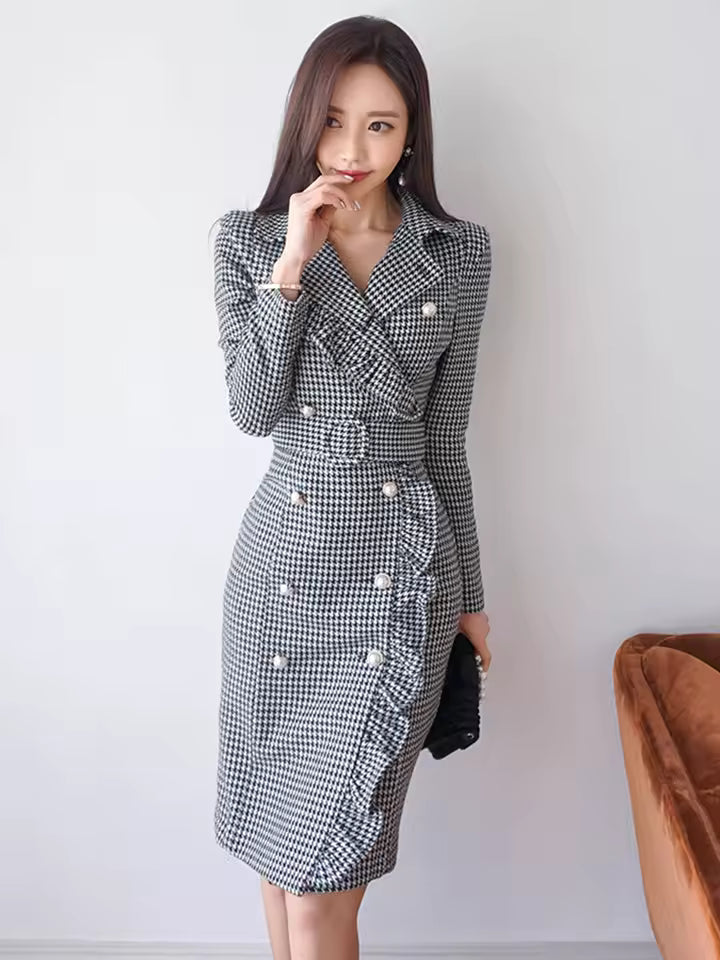 Elegant Bird Lattice Ruffle Double Breasted Knee-length Dress