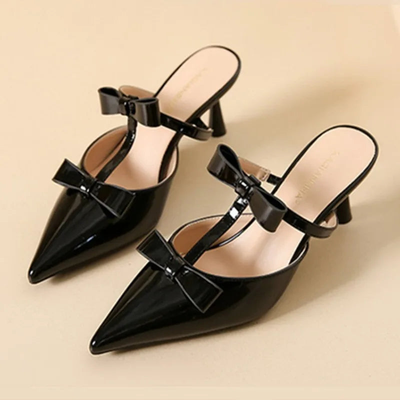 Elegant Black Pointed Toe Pumps Sweet Butterfly-knot T Strap Decoration Slide Sandals Comfort Brand Designer Shoes