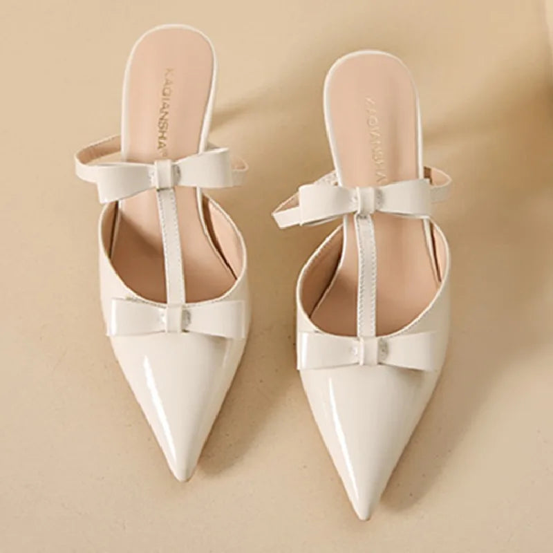 Elegant Black Pointed Toe Pumps Sweet Butterfly-knot T Strap Decoration Slide Sandals Comfort Brand Designer Shoes