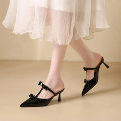Elegant Black Pointed Toe Pumps Sweet Butterfly-knot T Strap Decoration Slide Sandals Comfort Brand Designer Shoes