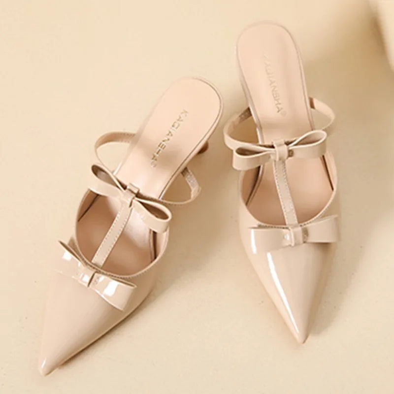 Elegant Black Pointed Toe Pumps Sweet Butterfly-knot T Strap Decoration Slide Sandals Comfort Brand Designer Shoes