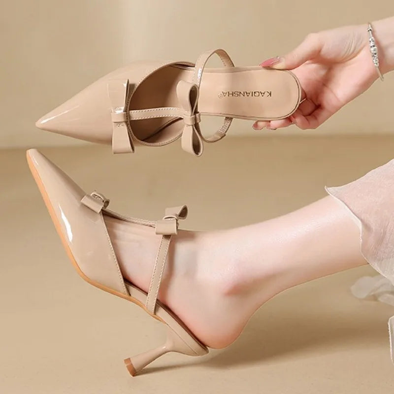 Elegant Black Pointed Toe Pumps Sweet Butterfly-knot T Strap Decoration Slide Sandals Comfort Brand Designer Shoes