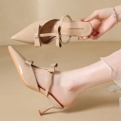 Elegant Black Pointed Toe Pumps Sweet Butterfly-knot T Strap Decoration Slide Sandals Comfort Brand Designer Shoes