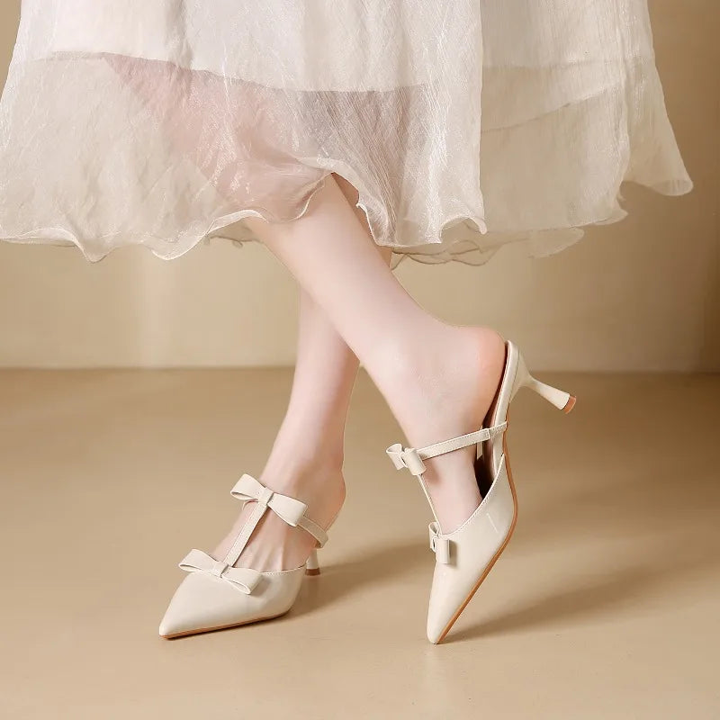 Elegant Black Pointed Toe Pumps Sweet Butterfly-knot T Strap Decoration Slide Sandals Comfort Brand Designer Shoes