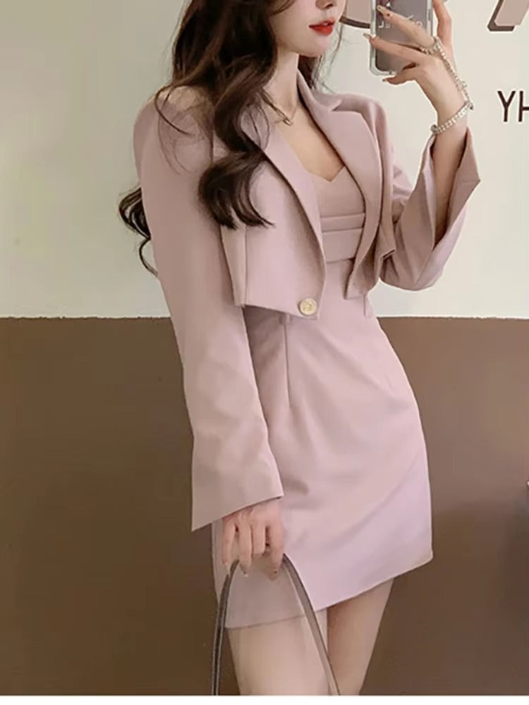 Elegant Blazer Coat And Strap Dress Two Piece Dress