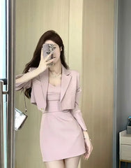 Elegant Blazer Coat And Strap Dress Two Piece Dress