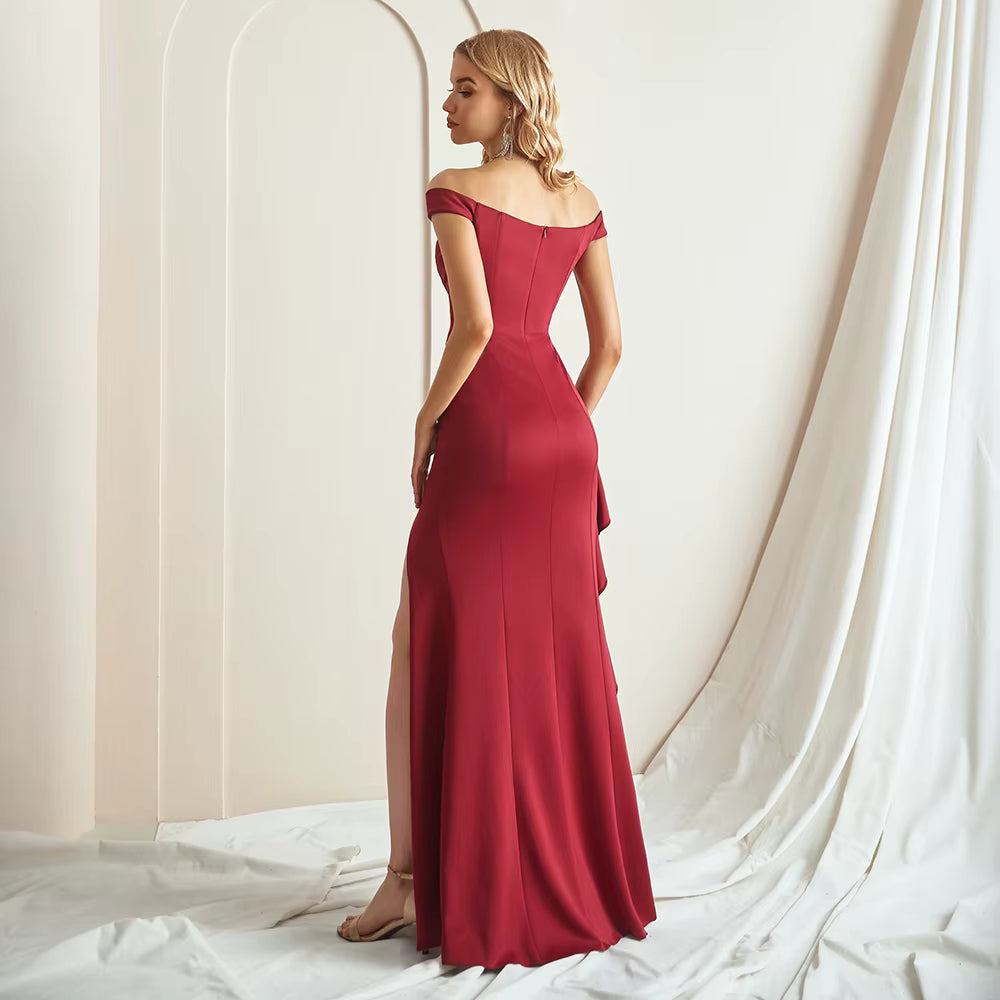 Elegant Boat Neck Ruffled Off-Shoulder Sleeveless Evening Maxi Dress