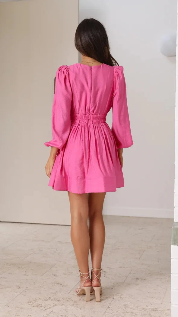 Elegant Bohemian Deep V Waist Fold Long Sleeved Mini Length Dress