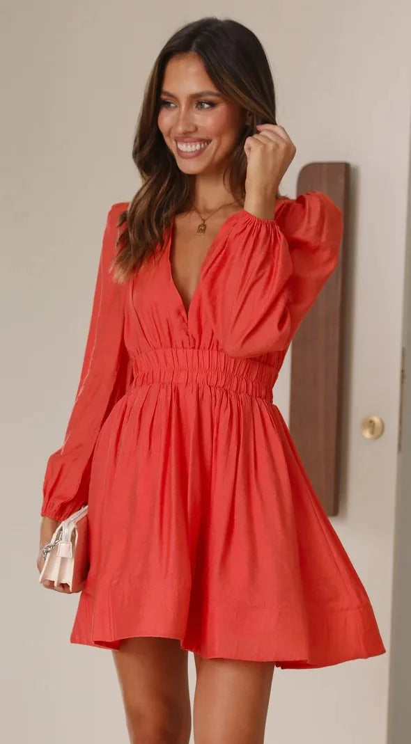 Elegant Bohemian Deep V Waist Fold Long Sleeved Mini Length Dress