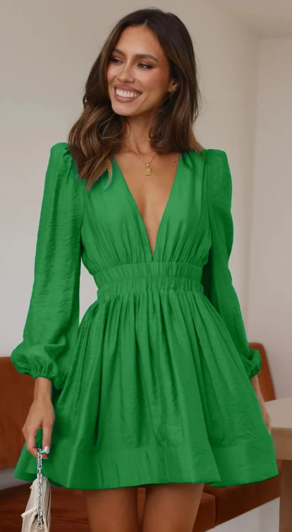 Elegant Bohemian Deep V Waist Fold Long Sleeved Mini Length Dress