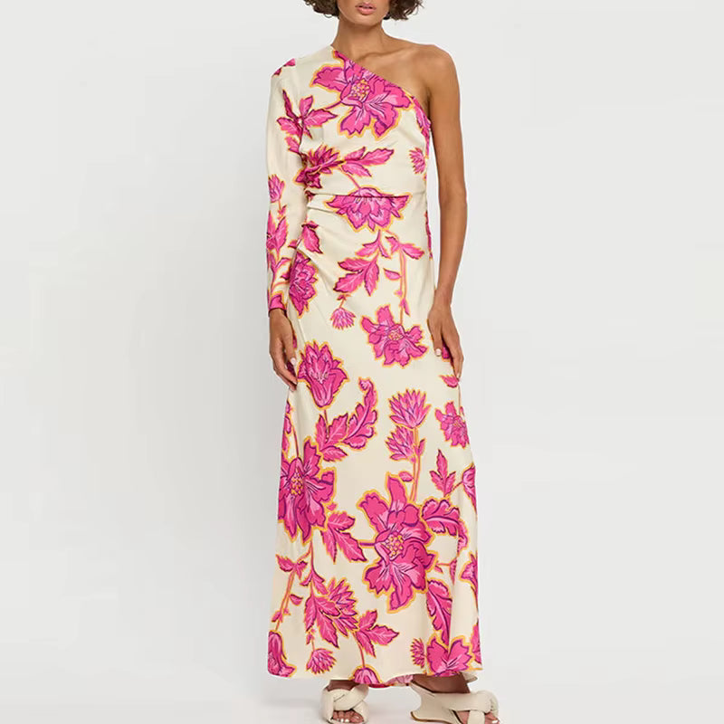 Elegant Bohemian High Waist One Shoulder Long Sleeve Floral Printed Maxi Dress