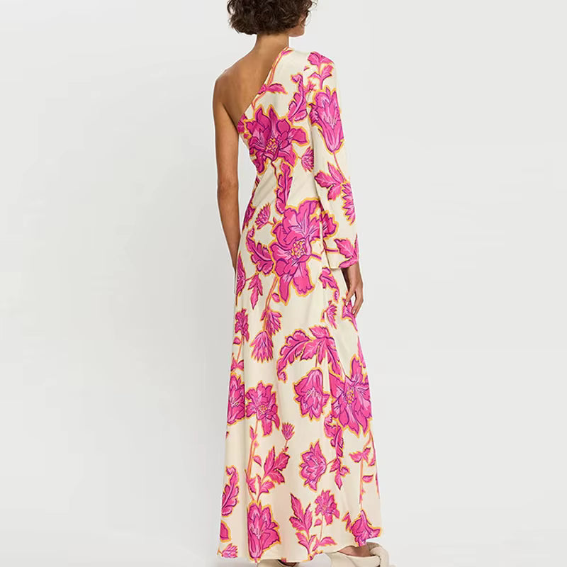 Elegant Bohemian High Waist One Shoulder Long Sleeve Floral Printed Maxi Dress