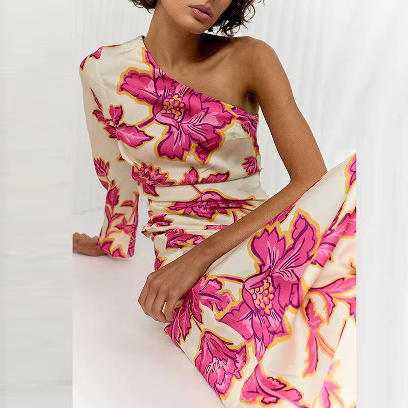 Elegant Bohemian High Waist One Shoulder Long Sleeve Floral Printed Maxi Dress