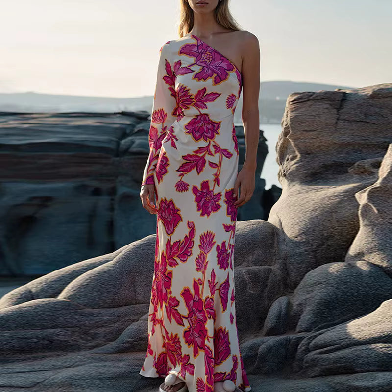 Elegant Bohemian High Waist One Shoulder Long Sleeve Floral Printed Maxi Dress